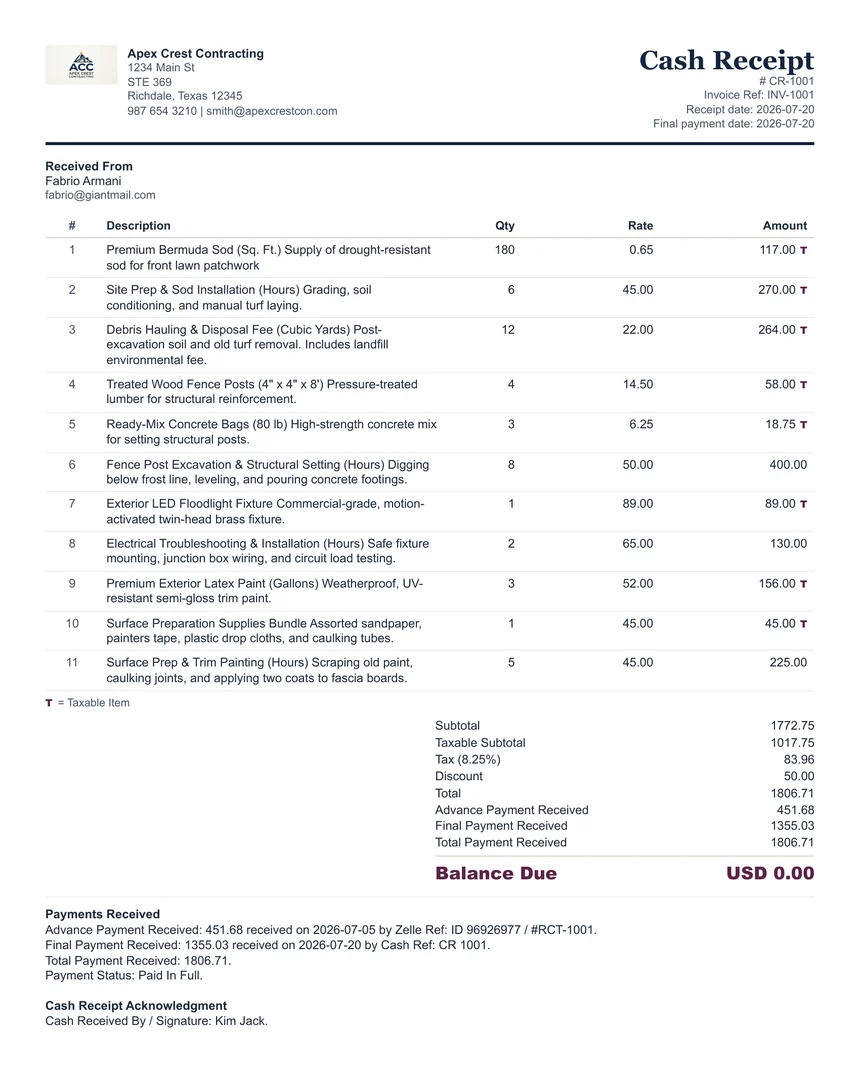 Sample cash receipt created with the ClearPaperwork Cash Receipt Generator, showing cash received with a reference number, total payments, and zero balance due