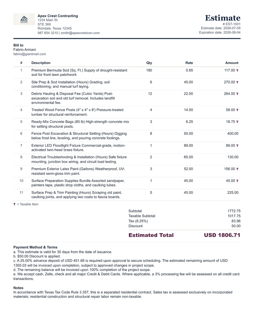 Sample estimate created with the ClearPaperwork Estimate Generator, showing itemized labor and materials, taxable item flags, a discount, and 25% advance deposit terms