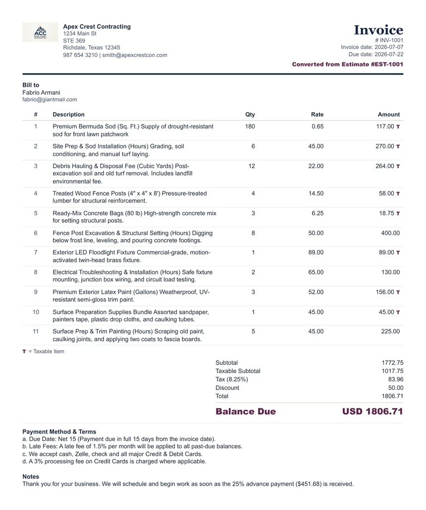 Sample invoice created with the ClearPaperwork Invoice Generator, converted from an estimate, showing taxable subtotal, discount, and balance due before payment