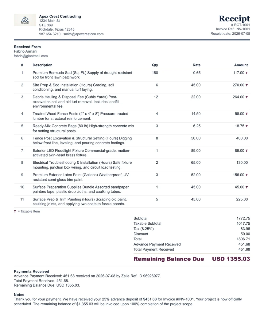 Sample partial receipt created with the ClearPaperwork Receipt Generator, showing an advance payment received and the remaining balance due